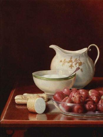 Still life with berries, sugar and cream pitcher by 
																	George Cope