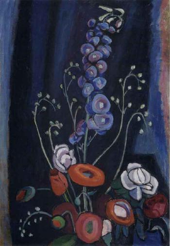 Sunflowers, poppies and delphiniums with black background by 
																	David Heinrich Munter