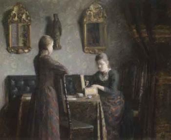 Mother and daughter looking at jewellery in box by 
																	Julius Jersild