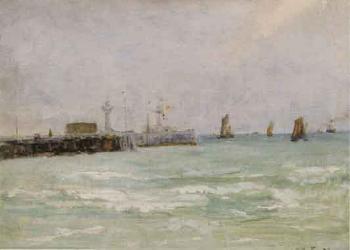 Seascape with sailing vessels off a pier by 
																	Edward Fulde