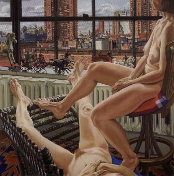 Two models in a window with cast iron toys by 
																	Philip Pearlstein