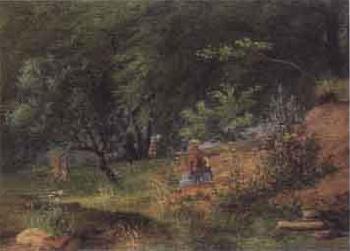 The artist seated at his easel in the wood by 
																	Eleonore Tscherning