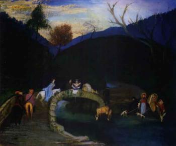 Group of figures and livestock crossing a bridge by 
																	Tivadar Csontvary-KosztKa