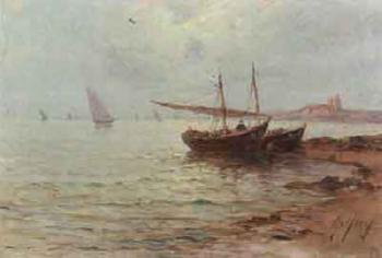 Coastal landscape with fishing boats by 
																	 Malfroy