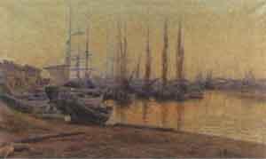 Evening harbour scene with sailing boats by 
																	Oreste Paltrinieri