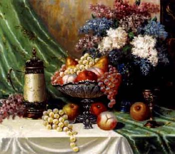 Still life with compote of fruit, vase of lilacs and beer stein on table top by 
																	Bela Balogh