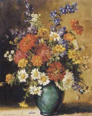 Bouquet of flowers in a green vase by 
																	Willy Hanft