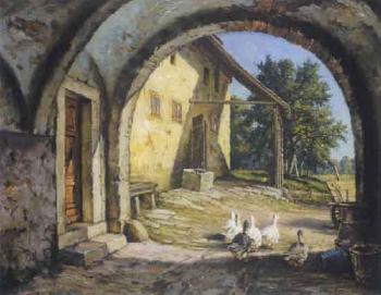 Geese in a farmyard by 
																	Willy Hanft
