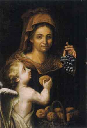 Lady holding a vine, an angel with a basket of bead next to her by 
																	Mathias Noder