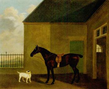 A bay hunter and a terrier outside a stable by 
																	J Hardman