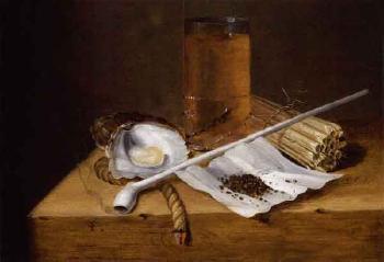 Still life with pipe, oysters, glass of beer, tobacco and burning taper by 
																	Dirck Sauts
