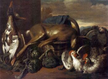 Game, ducks and hare on a basket with artichokes in landscape by 
																	Baltazar Huys