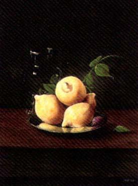 Lemons and a plum on a silver platter, with a glass jug to the side by 
																	Paul Karslake