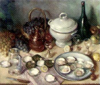 Oysters, grapes, apples, jugs and glasses on a table by 
																	Charles Quoniam