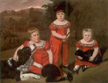 Portrait of three children with a landseer dog and black cat by 
																	William Wallace of Falkirk