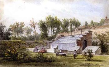 Garden views with green houses, figures and gardeners by 
																	Charles Ransonnette