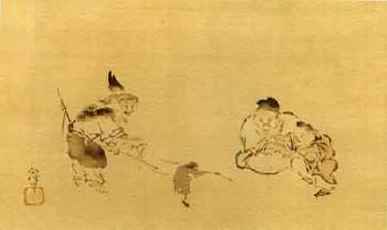 Old man watching a performing monkey and dancing boy by 
																	Kano Naonobu