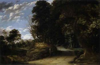 Wooded landscape with travellers resting by 
																	Abraham van Rande