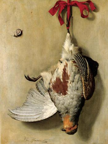 Trompe-l'oeil with partridge hanging from red ribbon, fly and snail by 
																	Hendrik de Fromantiou