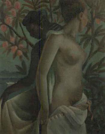 Two semi-draped female figures, tropical plants, and landscape beyond by 
																	Cecil Salkeld
