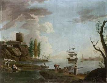 Harbour view with boats and figures by 
																	Johan Nils Asplind