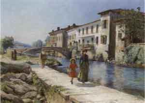 Figures walking along canal in Veneto by 
																	Ferdinand Kruis