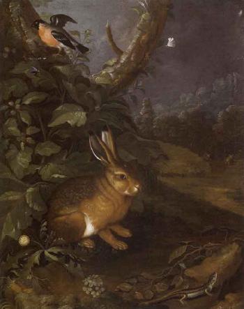Hare, bullfinch and lizard on forest ground by 
																	Johann Baptist Halszel