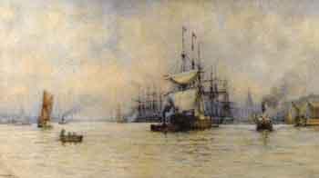 An extensive Thames scene with numerous commercial shipping by 
																	T Hale-Sanders