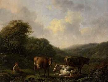 Hilly landscape with a cowherd, cows and a bull by 
																	Adolphe Charles Maximilien Engel