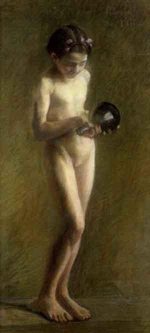 Standing nude girl holding a green bottle by 
																	Marguerite Putsage