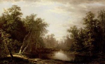 Woodland scene with a pond by 
																	Jules Jequier