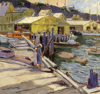 Figures along a dock by 
																	Walter Farndon