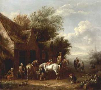 Landscapes with cavaliers watering thier horses outside taverns by 
																			Cornelis van Essen