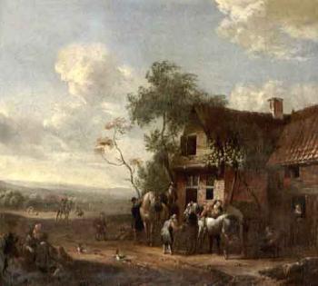 Landscapes with cavaliers watering thier horses outside taverns by 
																			Cornelis van Essen
