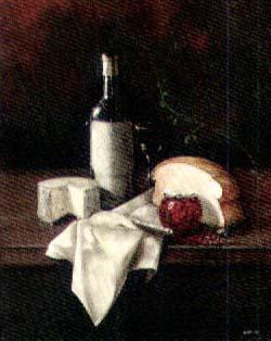 Bottle of wine, cheese, bread, with a jar of cherries by 
																	Paul Karslake