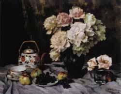 Still life of flowers, fruit and crockery by 
																			Wenzel Hermann Wendlberger