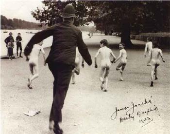 Policeman chasing naked boys by the Serpentine by 
																	James Jarche