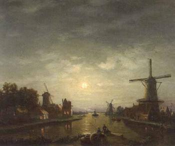 Dutch river landscape with windmills and fishermen by moonlight by 
																	Friedrich Wilhelm Fabarius