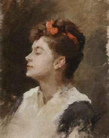 Profile of a lady with a red bow by 
																	Marguerite Lagrost