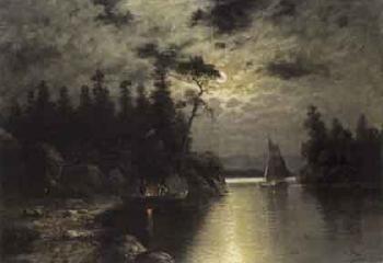 River landscape with moonlit boats by 
																	Andreas Johannes Engels