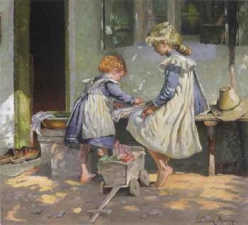 Two sisters playing by house door by 
																	Friedrich Raupp