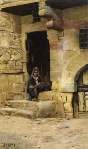 Woman sitting in house entrance in Cairo old town by 
																	Emil Uhl