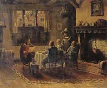 Merchants round table in Dutch interior by 
																	Oskar Urbahn