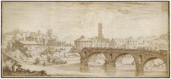 Vue du Ponte Rotto a Romes, deux figures au premier plan by 
																	Francois Noblesse