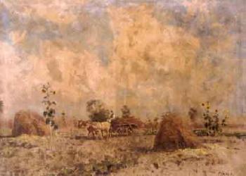 Horse and cart in field with haystacks by 
																	Ferenc Olgyai