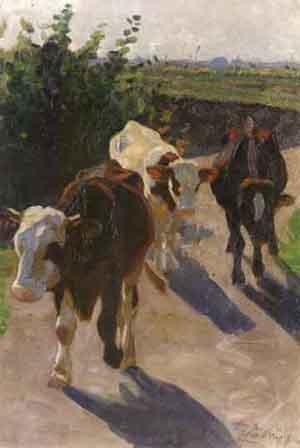 Homewards, herdsman and cows by 
																	Lajos Zombory