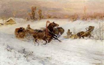 A Russian winter landscape with Troika blocking a peasant's way by 
																	Ivan Alexeievitch Vladimiroff