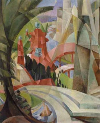 Cubist landscape with red pagoda and bridge by 
																	Mary Swanzy