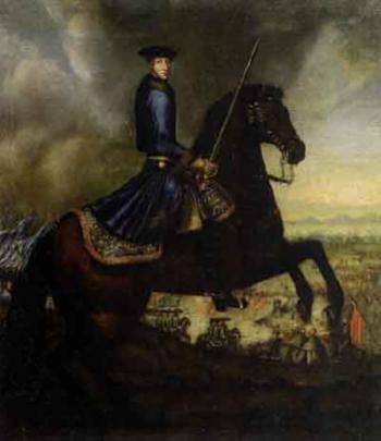 King Karl XII on horseback in battle field by 
																	 Swedish School