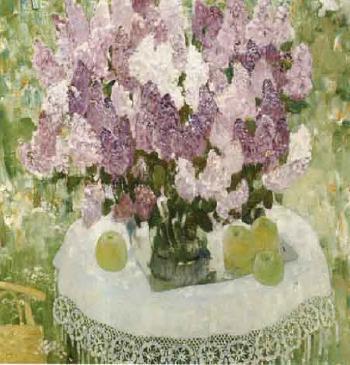 Still life of lilac and apples on garden table by 
																	Sergei W Rudnev
